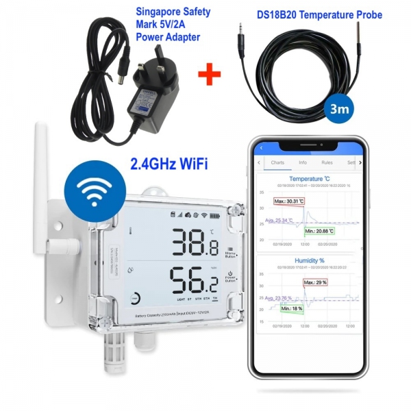 UbiBot GS1-A1RS-1DS Industrial-Grade WIFI Temperature Humidity Light Data Logger IoT System + DS18B20 & 5V/2A Power Adapter