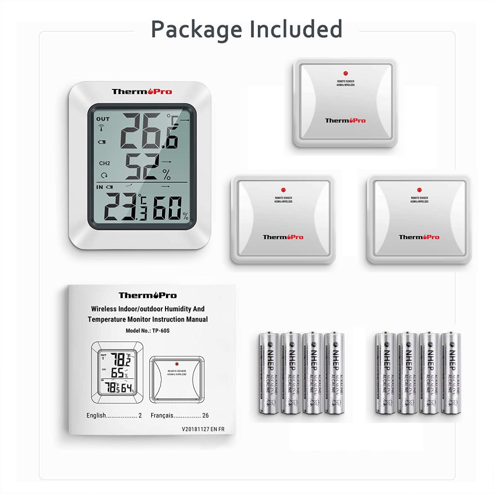 ThermoPro TP60S-3 LCD Digital Hygrometer with 3 External Outdoor TX-2  Sensors 60m/200ft Range - Digital Hygro-Thermometer (Humidity &  Temperature) - Humidity / Temp / Heat Stress
