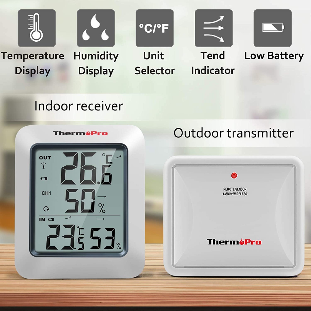 TP60S Digital Hygrometer Indoor Outdoor Thermometer Wireless