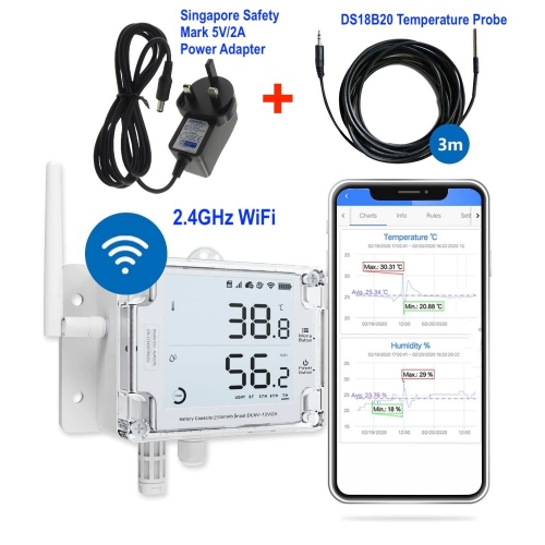 UbiBot GS1-A1RS-1DS Industrial-Grade WIFI Temperature Humidity Light Data Logger IoT System + DS18B20 & 5V/2A Power Adapter
