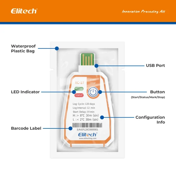 Elitech RC-17-15 Elitech RC-17 Single Use USB Temperature PDF Data Logger Waterproof IP67 -30~ 70℃ (Lot of 10)
