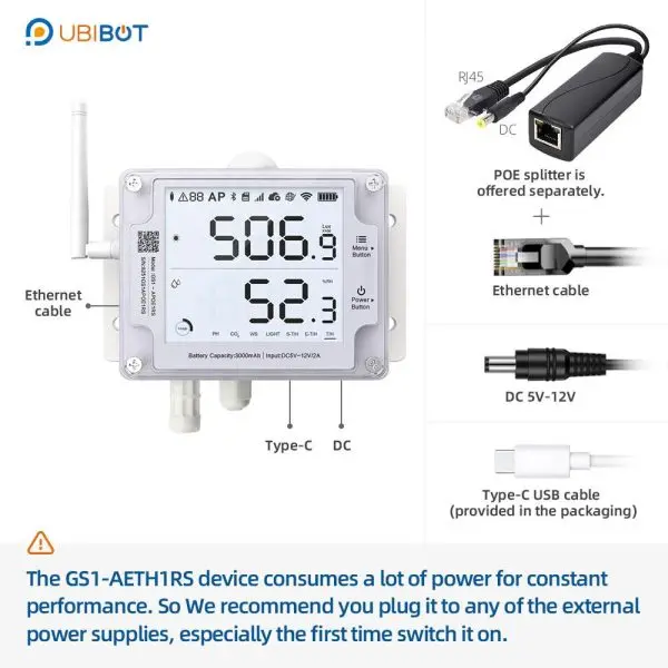 UbiBot GS1-AETH1RS Industrial-Grade WIFI RJ45 Temperature Humidity Light Data Logger IoT System + 5V/2A Power Adapter